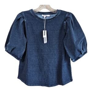 CHICO'S ZENERGY 0 Women's Size S Chambray Denim Top Blue Puff Sleeve Stretch 36"